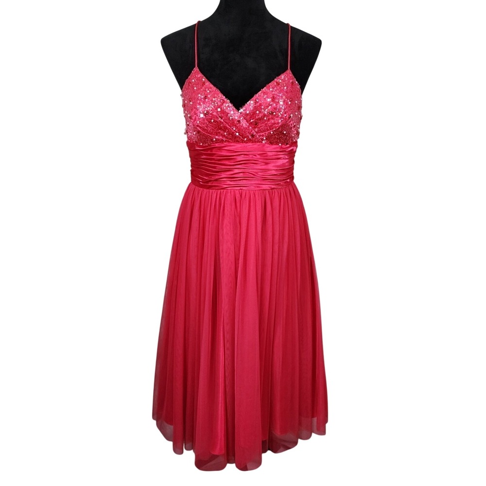 CITY TRIANGLES Size 9/10 Bright Pink Sequin Pearl Satin Mesh Prom Formal Gown